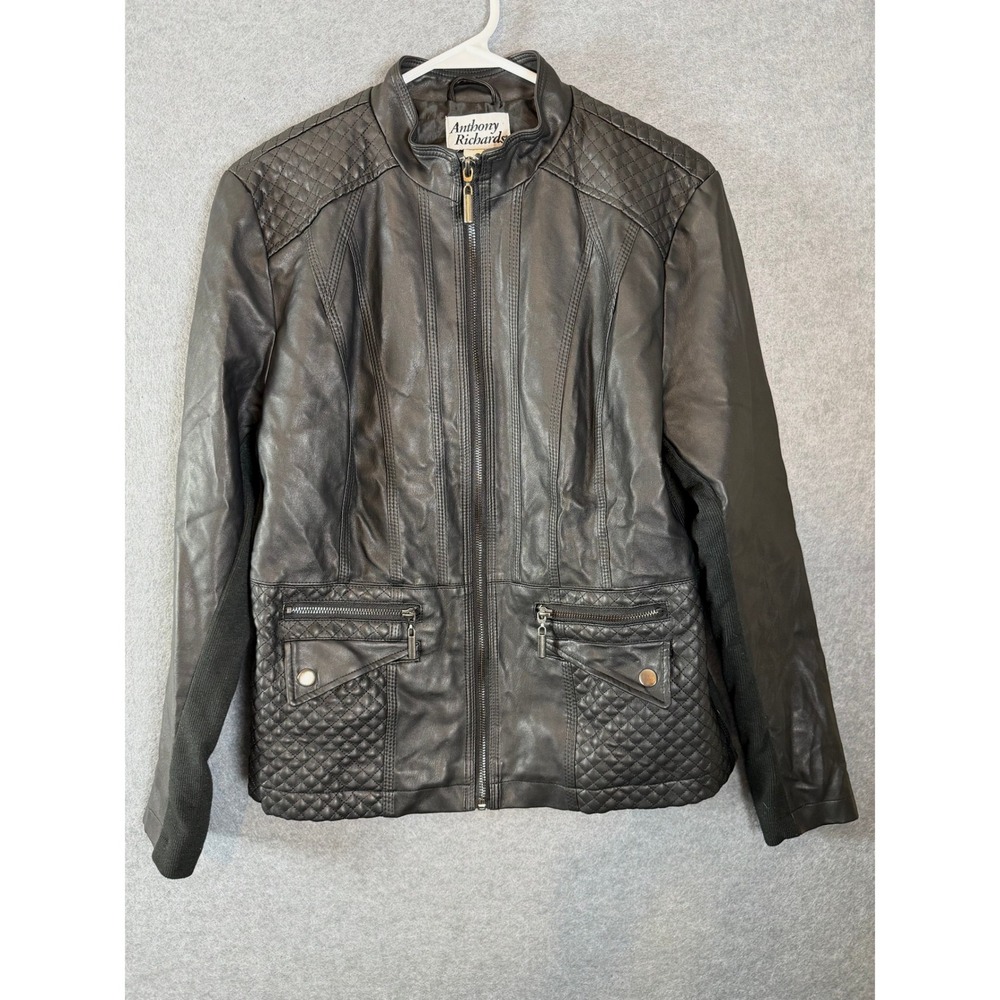 Anthony Richards Moto Jacket Medium Black Quilted Faux Leather Zip Up Biker Core